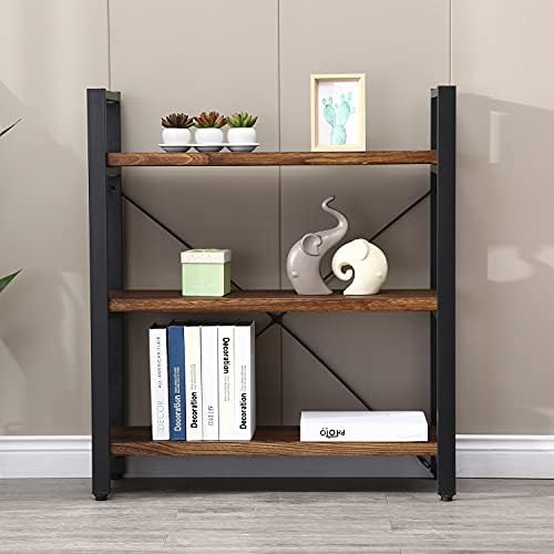 WH-AOERPUMY Natural Real Solid Wood Bookcase,3 Tier Metal and Wood