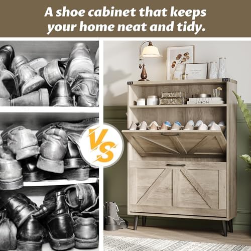 Halitaa Shoe Cabinet with 2 Flip Drawers & Open Storage,Farmhouse Shoe
