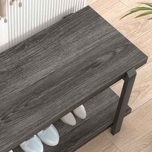 FOLUBAN 47 Inch Shoe Storage Bench, Rustic Wood and Metal Entryway