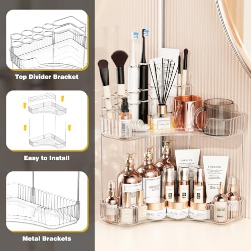 Asayuee 2-Tier Corner Bathroom Counter Organizer with Top Toothbrush