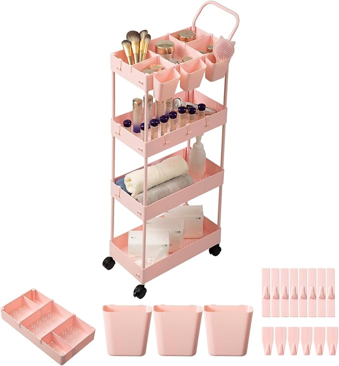 Danpinera 4-Tier Pink Slim Storage Cart, Narrow Laundry Cart - Image 9