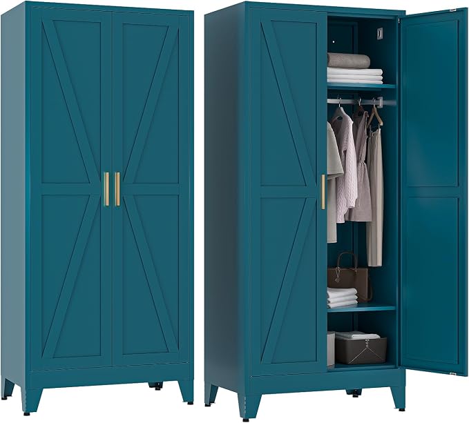 COFaR Metal Wardrobe Cabinet, 2 Barn Door, 2 Adjustable Shelves and Legs by COFAR