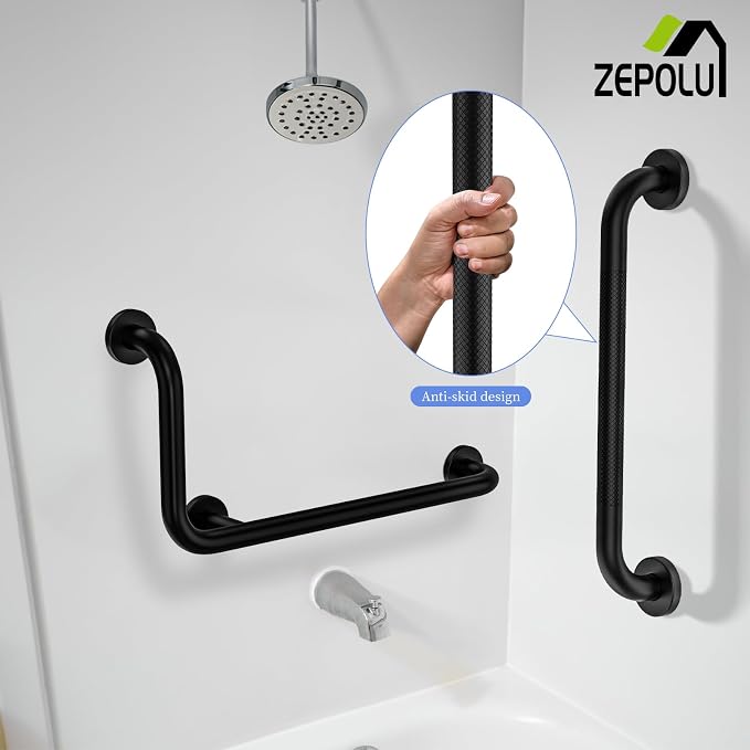Black L-Shaped Grab Bar 12x24 Inch + Knurled Shower Grab Rail 20 Inch, Zepolu - Image 7
