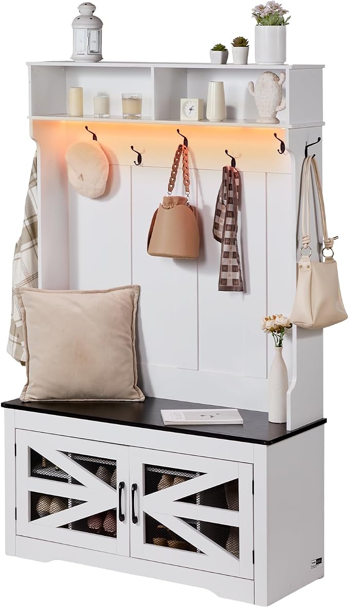 VEVOR Hall Tree Entryway Bench, LED Coat Rack - Image 9