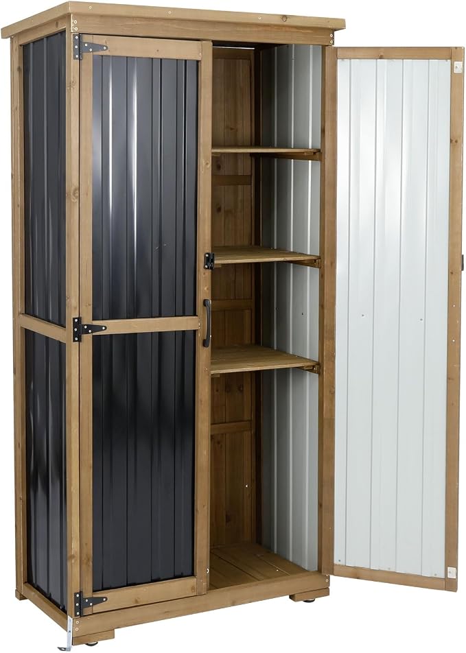 Outdoor Storage Cabinet with Shelf, Wood & Metal Storage Shed with Waterproof - Image 6