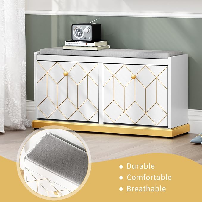 HLR Shoe Bench with Storage, Modern Entryway Bench with 2 Flip Drawer & Padded - Image 7