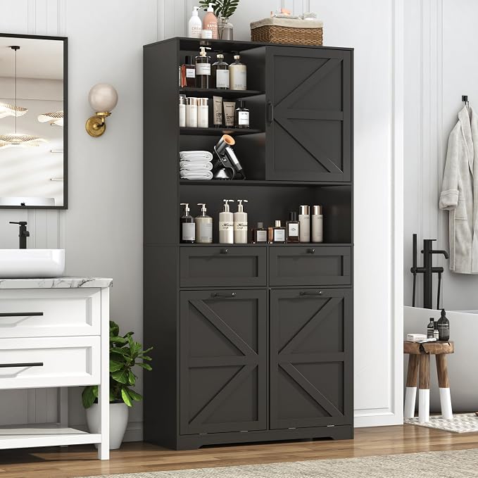 78" Tall Tilt-Out Double Doors Laundry Cabinet Hamper w Hidden Laundry Hamper - Image 7