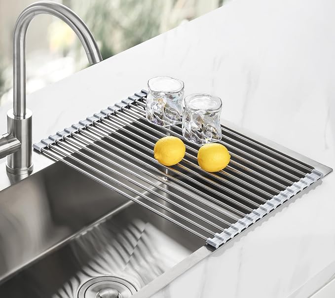 Tomorotec Stainless Steel Roll-Up Dish Drying Rack Marble Color Silicone Edges - Field & Grace