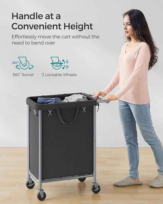 SONGMICS Laundry Basket with Wheels, 2-Section Rolling Laundry Hamper, 37
