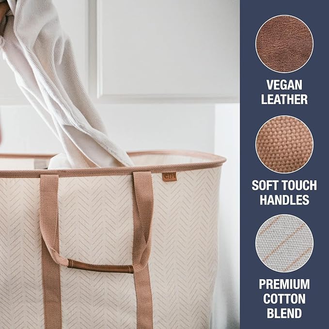 CleverMade Collapsible Laundry Caddy -LUXE Cream Herringbone 2Pack 64L - Image 7