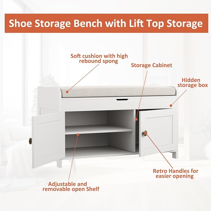 HOMEFORT 30" Shoe Bench with Lift Top Storage, Entryway Bench with Cushioned - Image 9