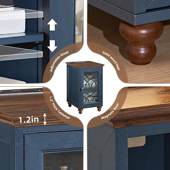 Narrow Side Table with Charging Station Set of 2, Night Stand with Glass Door - Image 9
