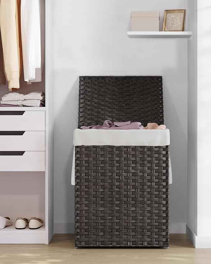 SONGMICS Laundry Hamper with Lid, 23.8 Gallon Synthetic Rattan Clothes Laundry