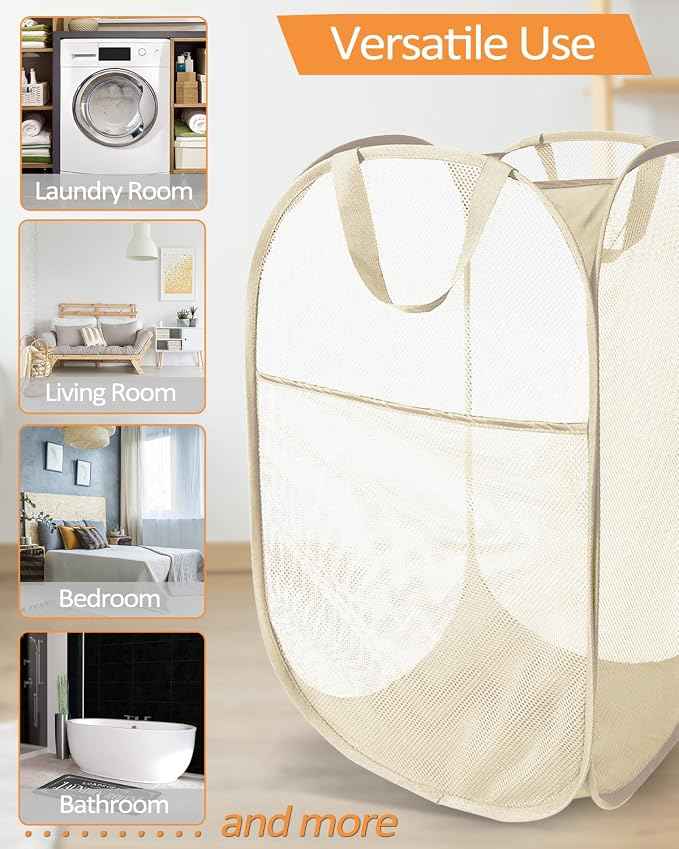 Durable Collapsible Laundry Baskets- Reinforced Mesh Pop Up Laundry Hamper