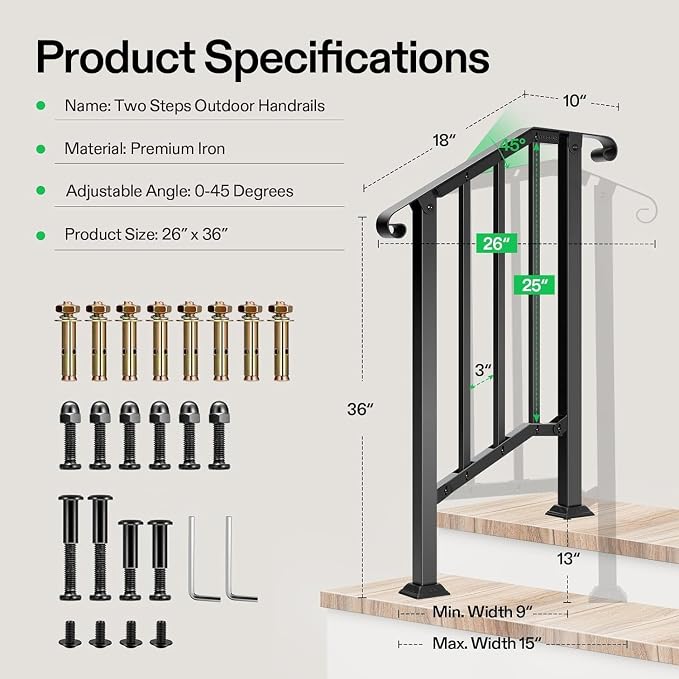 VIVOSUN Outdoor Handrail, 2 Step Stair Handrail, Wrought Mattle Iron Stair - Image 7