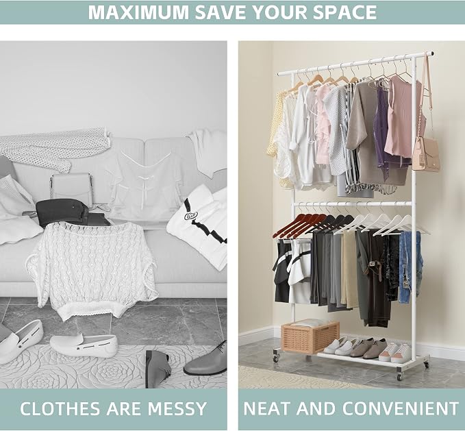 Sywhitta Double Rod Clothing Garment Rack, Rolling Clothes Organizer on Wheels - Image 8