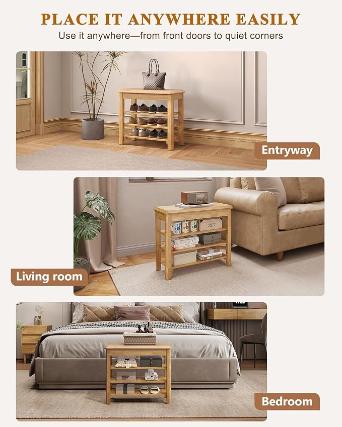 Shoe Rack Bench Seat Rubberwood 3-Tier Wooden Storage Bench 550lbs Compact - Image 8