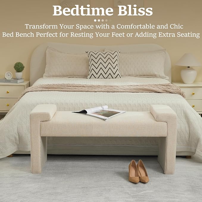 43" Linen End of Bed Bench Upholstered Modern Bedroom Bench - Image 8