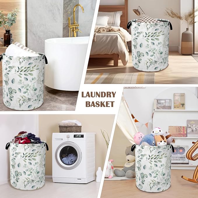 Green Eucalyptus Collapsible Laundry Baskets, Leaves Branches Laundry Hamper - Image 7