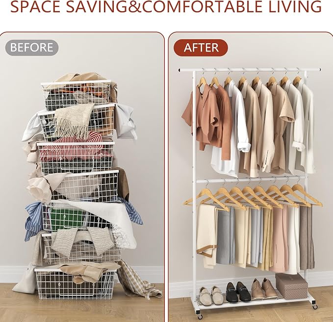 Sywhitta Double Rod Clothing Garment Rack, Rolling Coat Hanger - Image 7