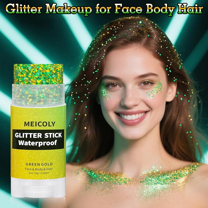 MEICOLY Gold and Green Face Glitter Stick, Hair Glitter Stick - Image 7