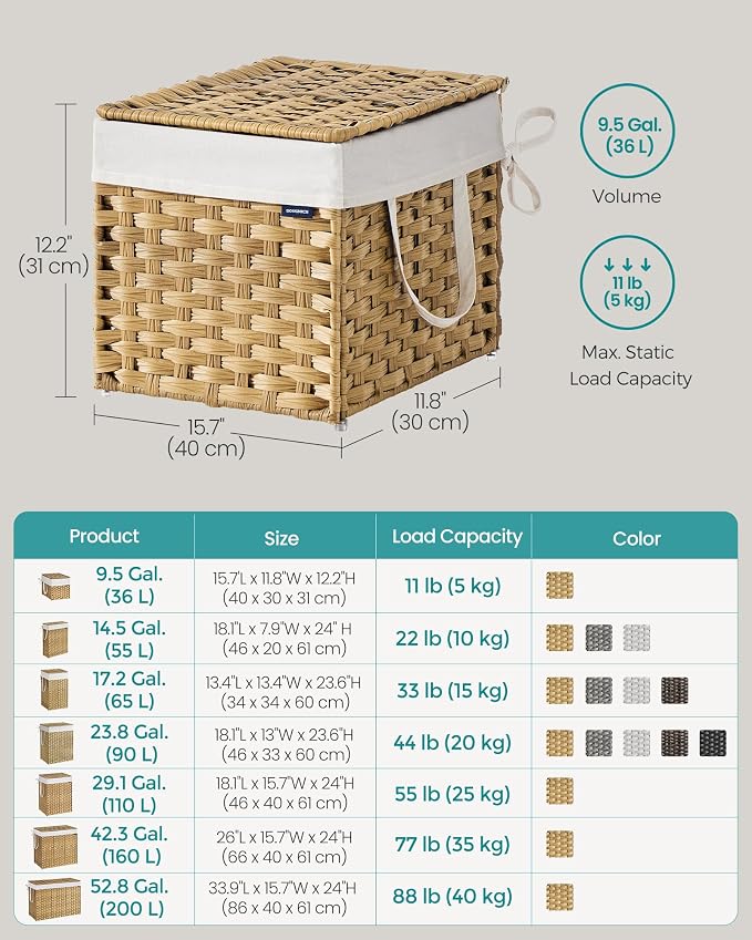SONGMICS Laundry Hamper with Lid, 9.5 Gallon Synthetic Rattan Clothes Laundry - Field & Grace
