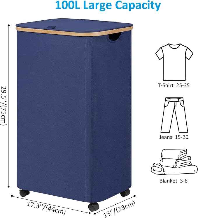efluky Laundry Basket with Wheels, Tall Rolling Laundry Hamper with Lid and