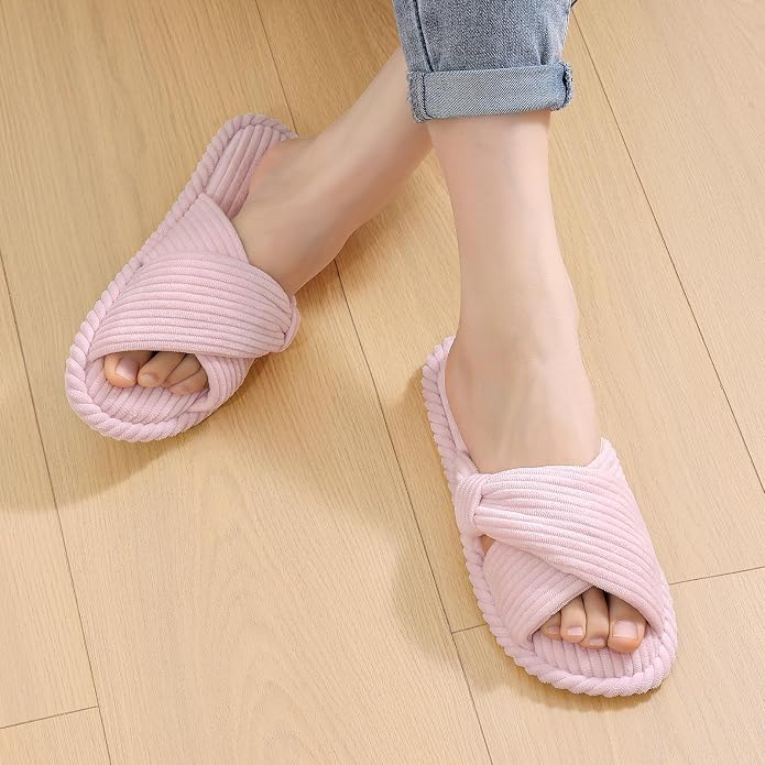 Evshine Fall House Slippers for Women Corduroy Cross Bow Indoor Slippers Open - Image 6
