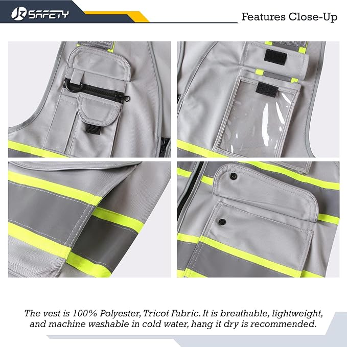 JKSafety 9 Pockets Hi-Vis Fluorescent Color Zipper Front Safety Vest - Image 4