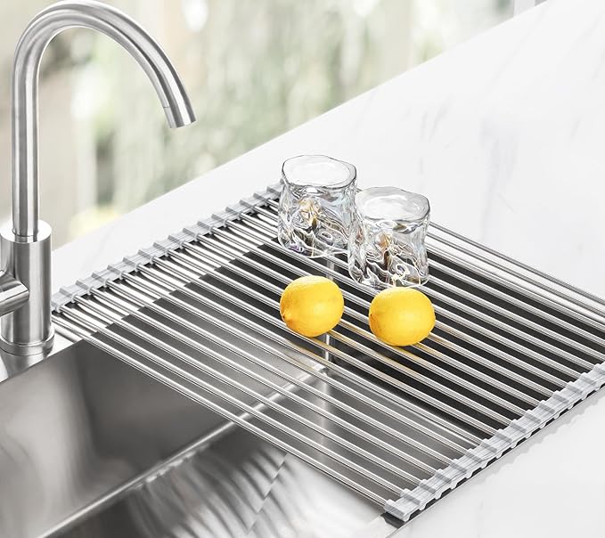 Tomorotec Stainless Steel Roll-Up Dish Drying Rack Marble Color Silicone Edges - Field & Grace