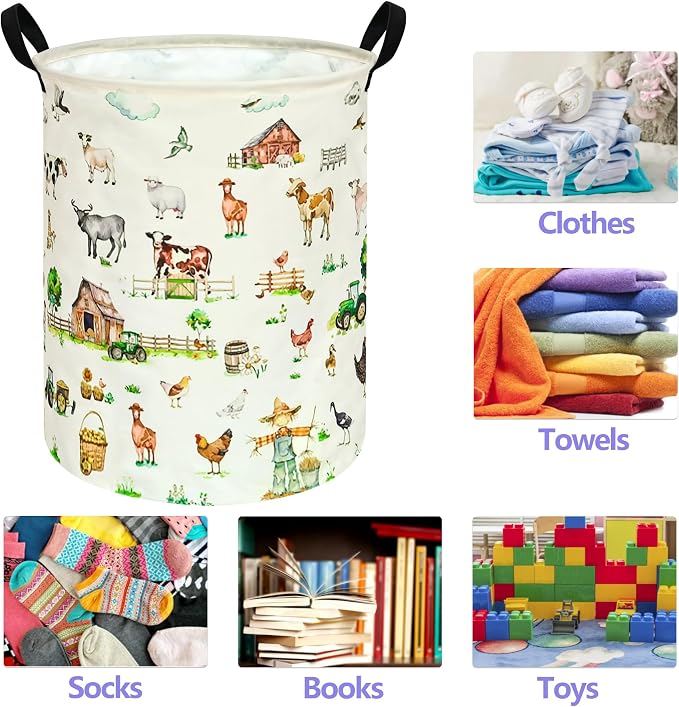 Farm Pattern 19.7 Inch Round Laundry Clothes Hamper Laundry Basket - Image 7