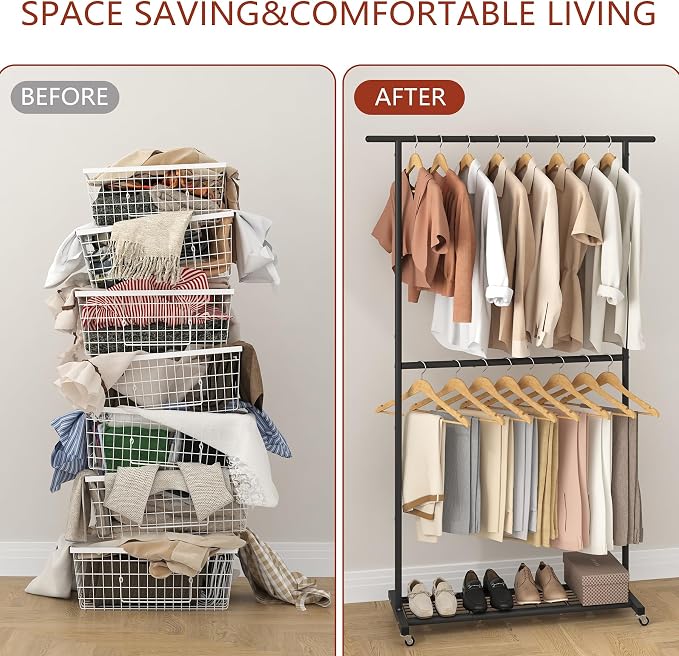Sywhitta Double Rod Clothing Garment Rack, Rolling Coat Hanger - Image 7