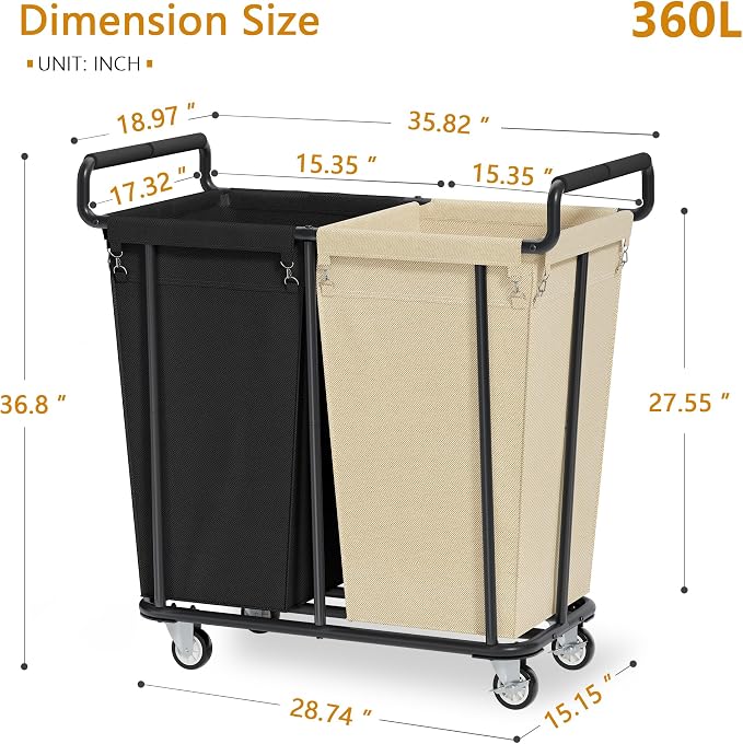 Large laundry hamper with Wheels, 2 Bag 360L Big Rolling Laundry Basket Sorter - Field & Grace
