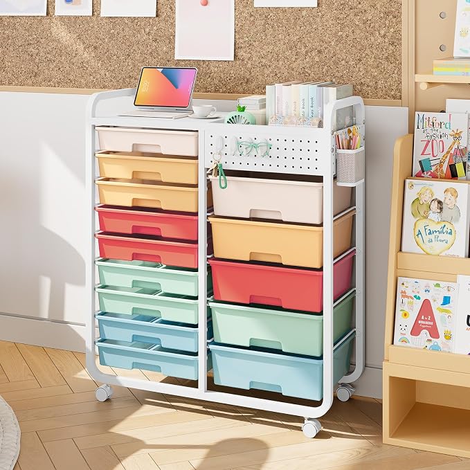 Rolling Storage Cart with 14 Drawers, Storage Organizer Cart with Tabletop and - Image 9