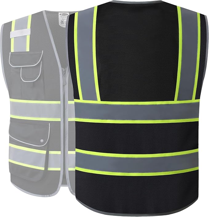 JKSafety 9 Pockets High Visibility Zipper Front MESH Black Safety Vest | Black - Image 5