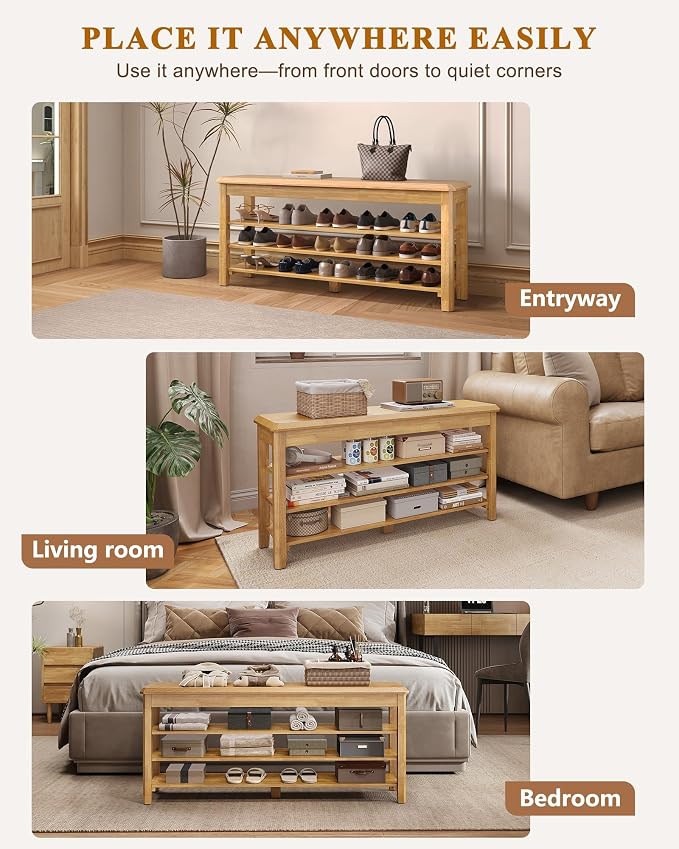 Shoe Rack Bench Seat Rubberwood 3-Tier Wooden Storage Bench 550lbs Compact - Image 8