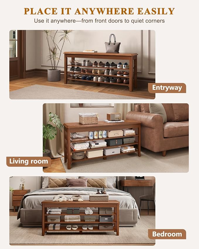 Shoe Rack Bench Seat Rubberwood 3-Tier Wooden Storage Bench 550lbs Compact - Image 8