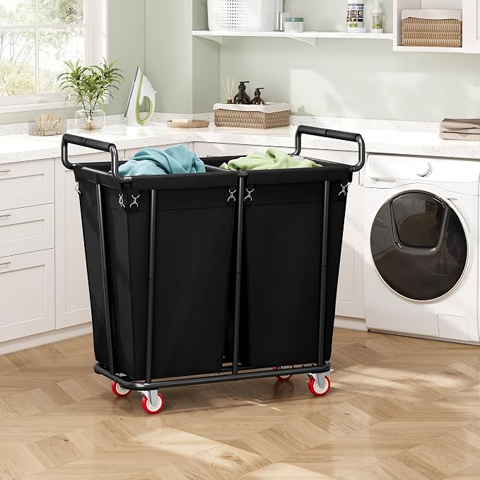 Large laundry hamper with Wheels, 2 Bag 360L Big Rolling Laundry Basket Sorter - Field & Grace