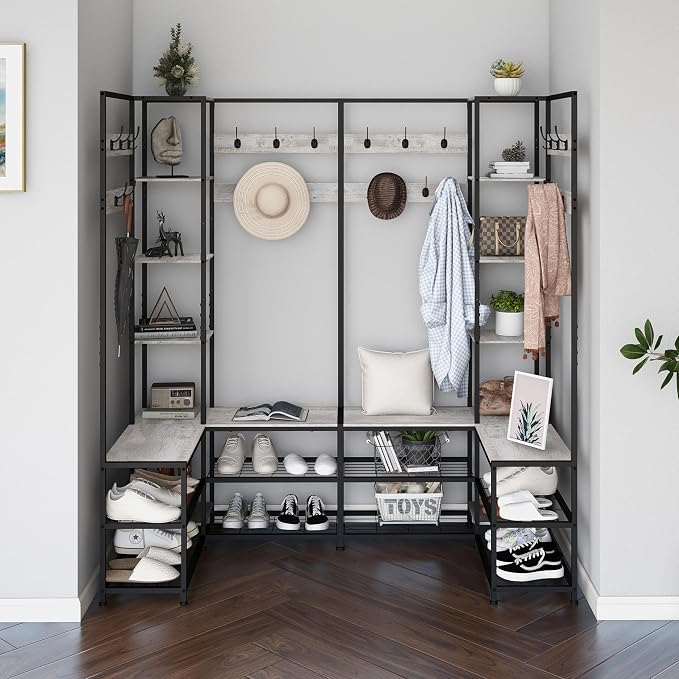 GiftGo Corner Hall Tree with Shoe Rack Storage Bench Display Open Shelves - Image 7