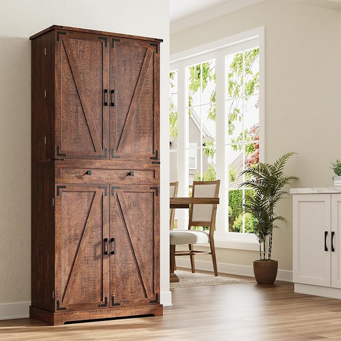 ELYKEN 72" Tall Kitchen Pantry Cabinet, Rustic Brown Farmhouse Pantry - Image 9