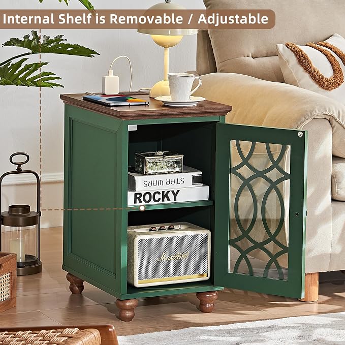 Narrow Side Table with Charging Station, Night Stand with Glass Door, Bedside - Image 9