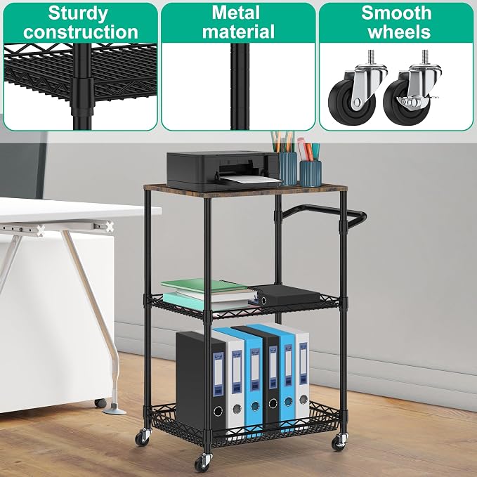 Rolling Kitchen Cart with Wheels, 3 Tier Metal Utility Cart with Wood Tabletop - Image 7