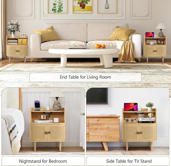 Metal Rattan End Table with Charging Station, Mid Century Modern Nightstand - Image 7