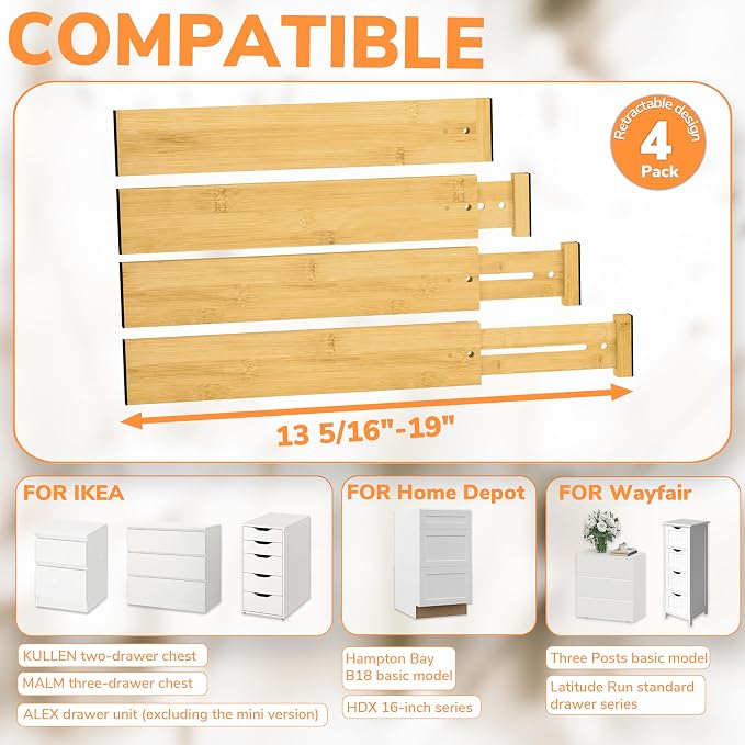 BAMEOS Drawer Divider, Expandable Bamboo Separators Adjustable Utensil Knife - Image 8