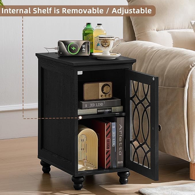 Narrow Side Table with Charging Station, Night Stand with Glass Door, Bedside - Image 9