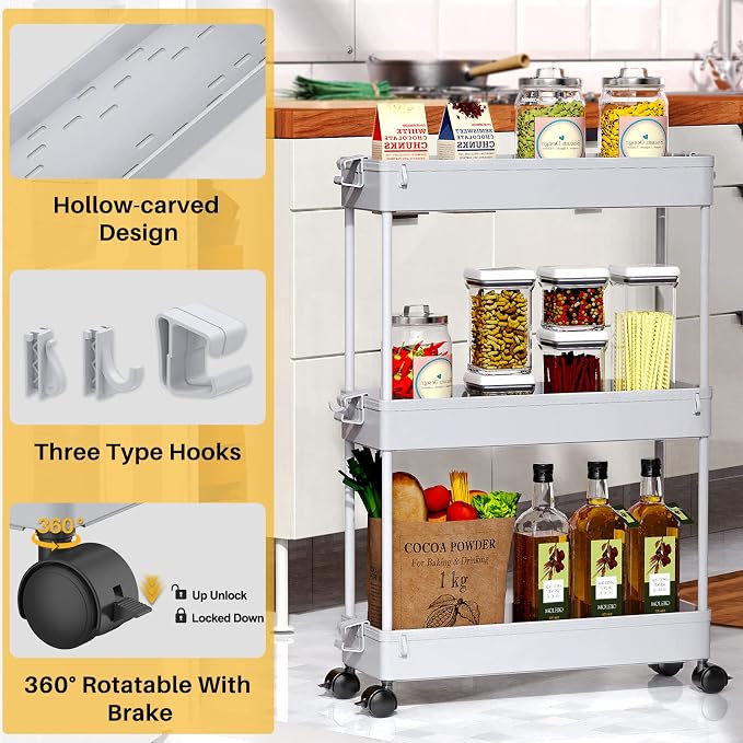SPACEKEEPER Slim Rolling Storage Cart, 3 Tier Storage Organizer Laundry Room - Field & Grace