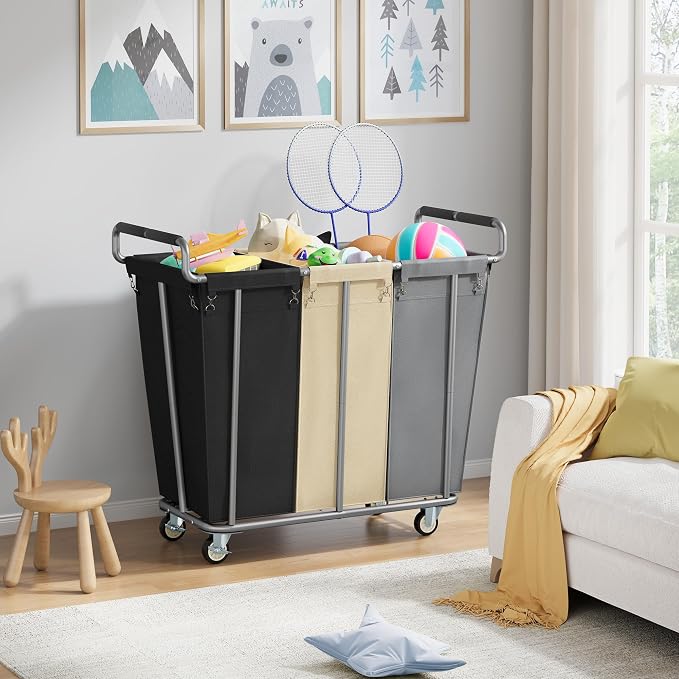 Large laundry hamper with Wheels, 360L 3 Bag Big Rolling Laundry Hamper Sorter - Field & Grace