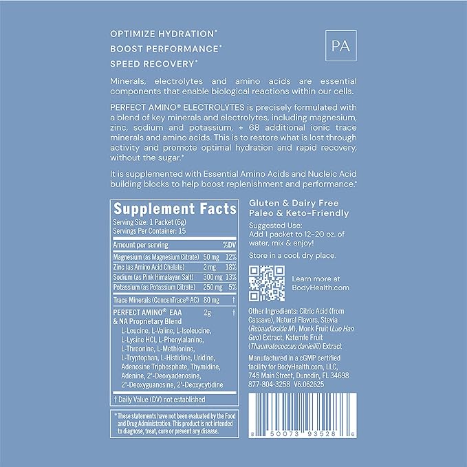 BodyHealth PerfectAmino Electrolyte Drink Mix – Lemon Lime – No Sugar, Keto & - Image 2