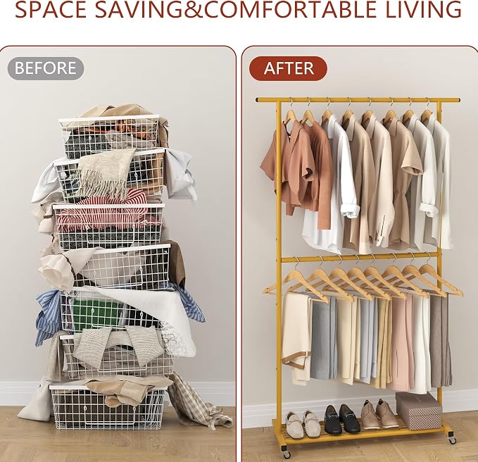 Sywhitta Double Rod Clothing Garment Rack, Rolling Coat Hanger - Image 7