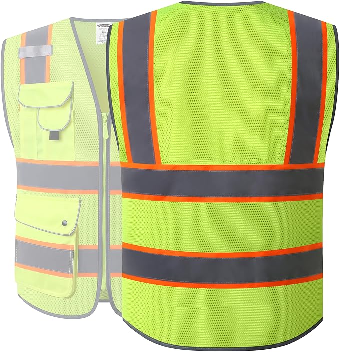 JKSafety 9 Pockets Hi-Vis Neon Yellow Zipper Front MESH Safety Vest - Image 5